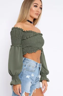 Rebellious Fashion Khaki Shirred Wrap Over Bardot Crop Top - Zuri
