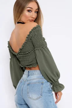 Rebellious Fashion Khaki Shirred Wrap Over Bardot Crop Top - Zuri