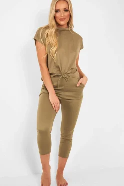 Rebellious Fashion Khaki Short Sleeve Crop Jogger Loungewear Set - Aarian