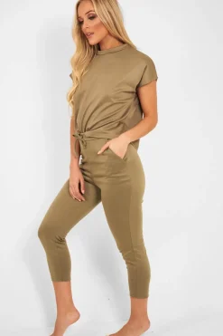 Rebellious Fashion Khaki Short Sleeve Crop Jogger Loungewear Set - Aarian