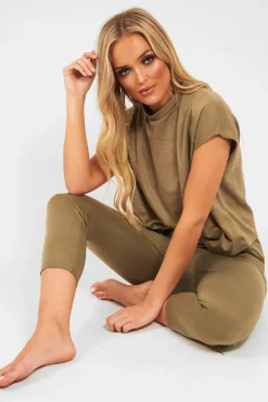 Rebellious Fashion Khaki Short Sleeve Crop Jogger Loungewear Set - Aarian