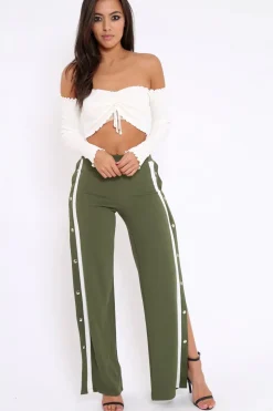 Rebellious Fashion Khaki Side Popper White Stripes Trousers - Sady