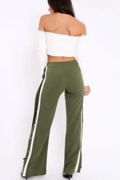 Rebellious Fashion Khaki Side Popper White Stripes Trousers - Sady