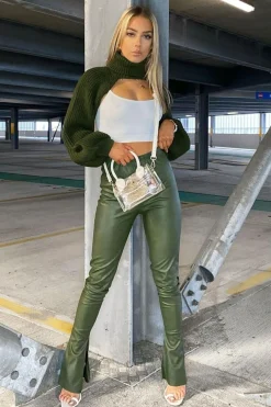 Rebellious Fashion Khaki Side Split Flared Skinny PU Trouser - Zylah