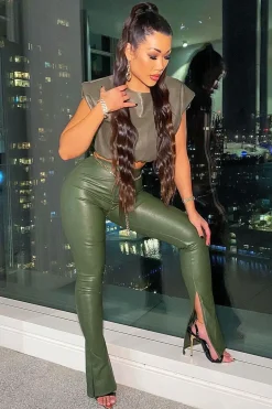 Rebellious Fashion Khaki Side Split Flared Skinny PU Trouser - Zylah