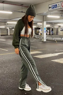 Rebellious Fashion Khaki Side Stripe Split Hem Wide Leg Joggers - Karris