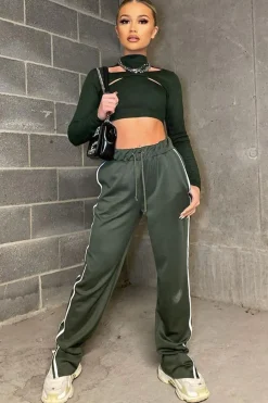 Rebellious Fashion Khaki Side Stripe Split Hem Wide Leg Joggers - Karris