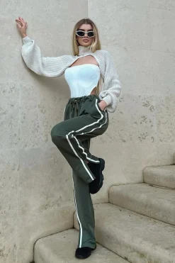Rebellious Fashion Khaki Side Stripe Split Hem Wide Leg Joggers - Karris