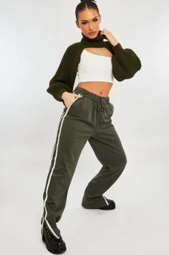 Rebellious Fashion Khaki Side Stripe Split Hem Wide Leg Joggers - Karris