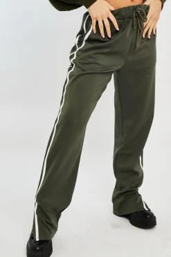 Rebellious Fashion Khaki Side Stripe Split Hem Wide Leg Joggers - Karris
