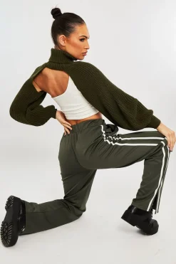 Rebellious Fashion Khaki Side Stripe Split Hem Wide Leg Joggers - Karris