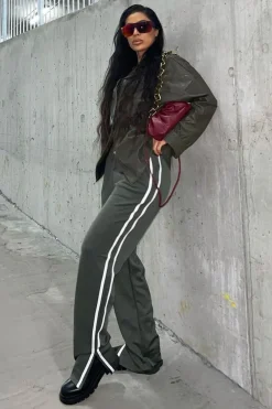 Rebellious Fashion Khaki Side Stripe Split Hem Wide Leg Joggers - Karris