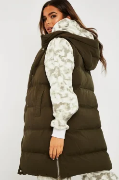 Rebellious Fashion Khaki Side Zip Long Sleeveless Puffer Coat - Priyah