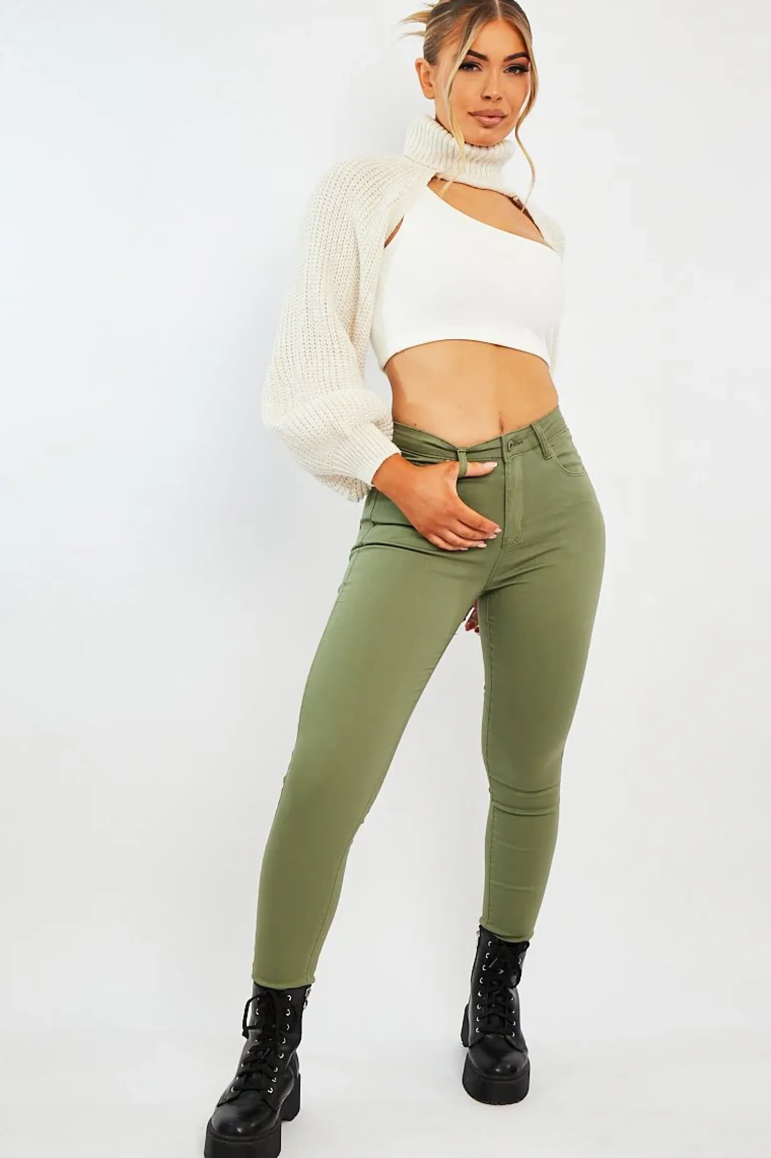 Rebellious Fashion Khaki Skinny Stretch Denim Jeans - Maeva