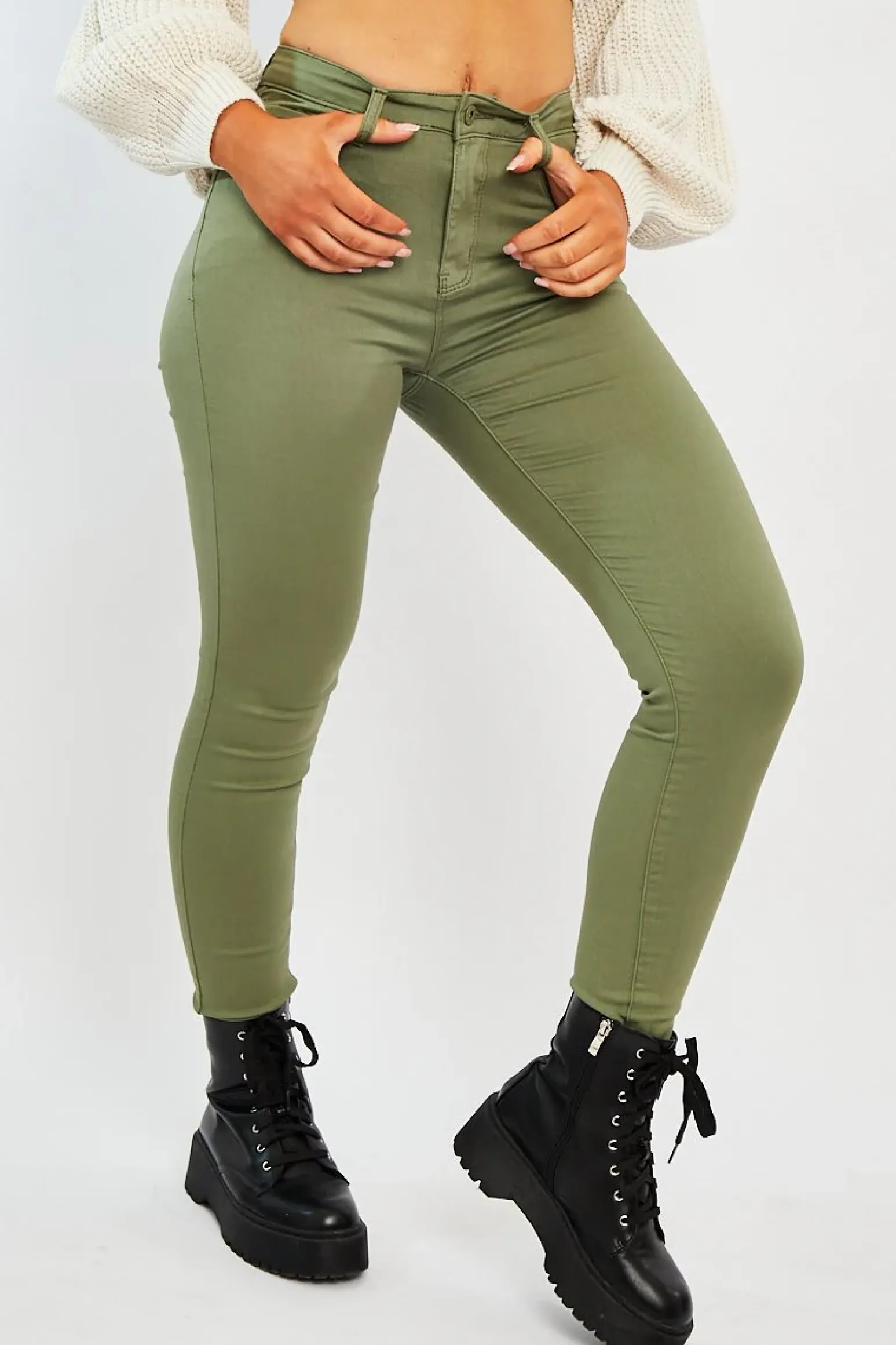 Rebellious Fashion Khaki Skinny Stretch Denim Jeans - Maeva