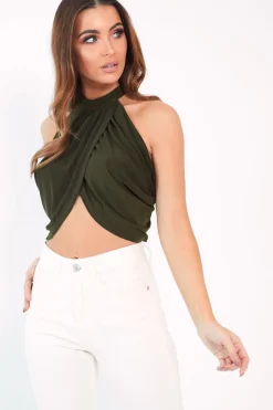 Rebellious Fashion Khaki Slinky Halterneck Wrap Top - Giovanna