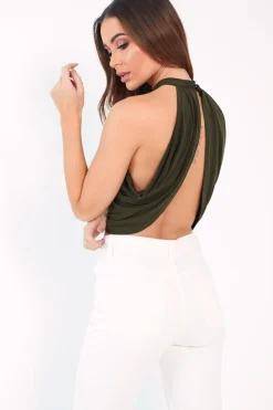 Rebellious Fashion Khaki Slinky Halterneck Wrap Top - Giovanna