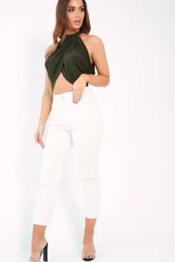 Rebellious Fashion Khaki Slinky Halterneck Wrap Top - Giovanna