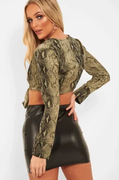 Rebellious Fashion Khaki Snake Leopard Plunge Tie Front Blouse - Sedonia