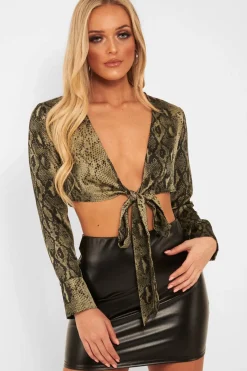 Rebellious Fashion Khaki Snake Leopard Plunge Tie Front Blouse - Sedonia