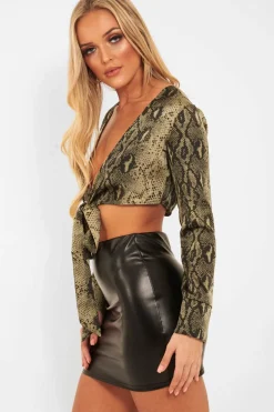 Rebellious Fashion Khaki Snake Leopard Plunge Tie Front Blouse - Sedonia