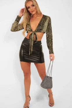 Rebellious Fashion Khaki Snake Leopard Plunge Tie Front Blouse - Sedonia
