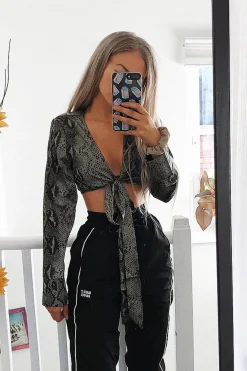 Rebellious Fashion Khaki Snake Leopard Plunge Tie Front Blouse - Sedonia