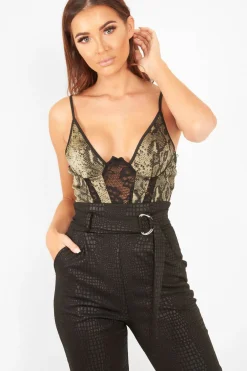Rebellious Fashion Khaki Snake Print Lace Panelled Bodysuit - Lenya