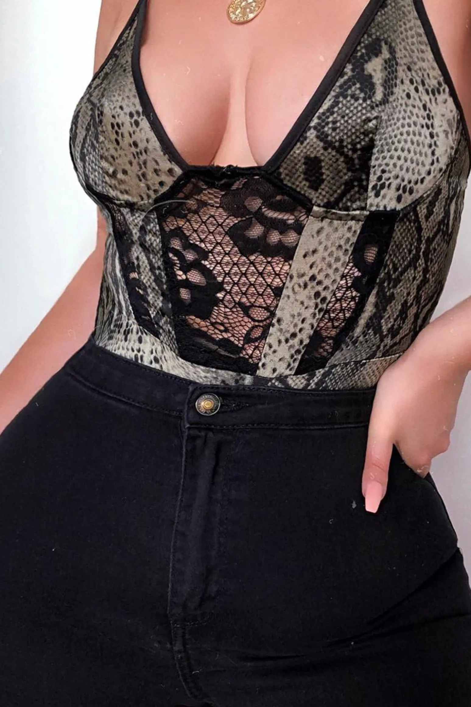 Rebellious Fashion Khaki Snake Print Lace Panelled Bodysuit - Lenya