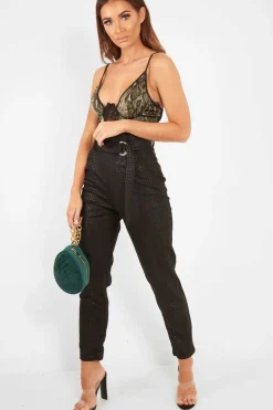 Rebellious Fashion Khaki Snake Print Lace Panelled Bodysuit - Lenya