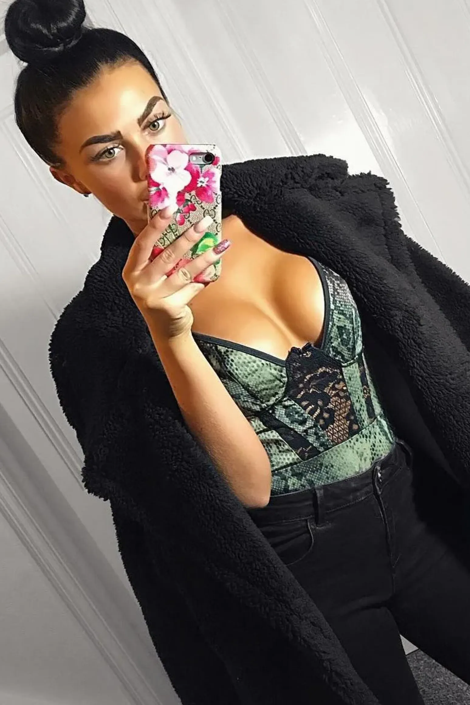 Rebellious Fashion Khaki Snake Print Lace Panelled Bodysuit - Lenya