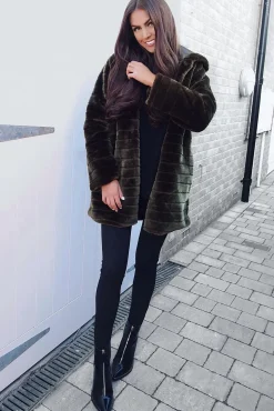 Rebellious Fashion Khaki Soft Faux Fur Hooded Coat - Kila