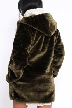 Rebellious Fashion Khaki Soft Faux Fur Hooded Coat - Kila