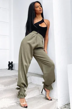 Rebellious Fashion Khaki Straight Leg Ankle Tie Trouser - Darby