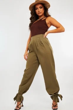 Rebellious Fashion Khaki Straight Leg Ankle Tie Trouser - Darby