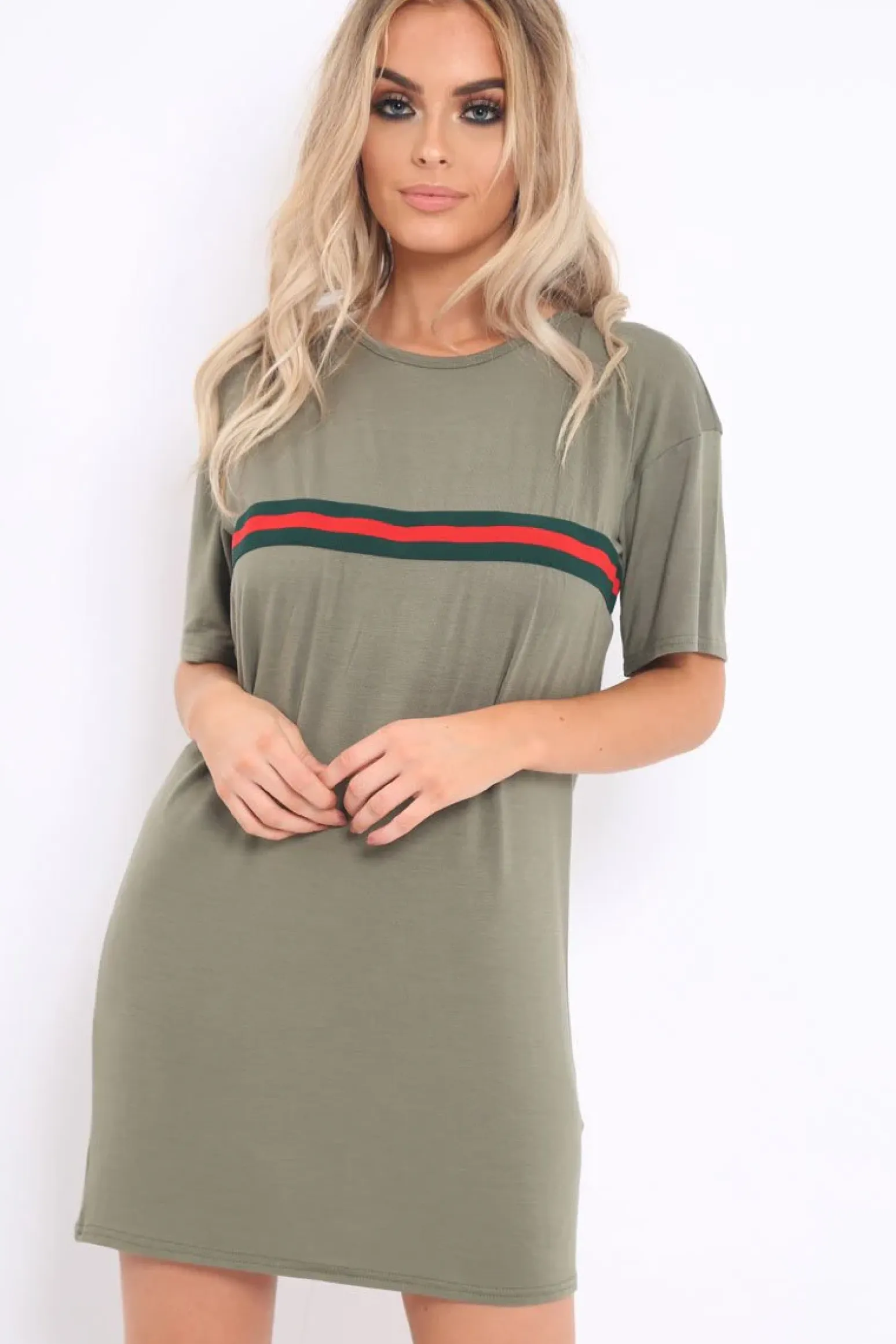 Rebellious Fashion Khaki Stripe Front T Shirt Dress - Kamden