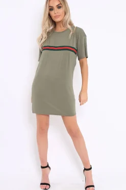 Rebellious Fashion Khaki Stripe Front T Shirt Dress - Kamden