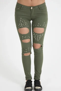 Rebellious Fashion Khaki Studded Ripped Jeans - Christina
