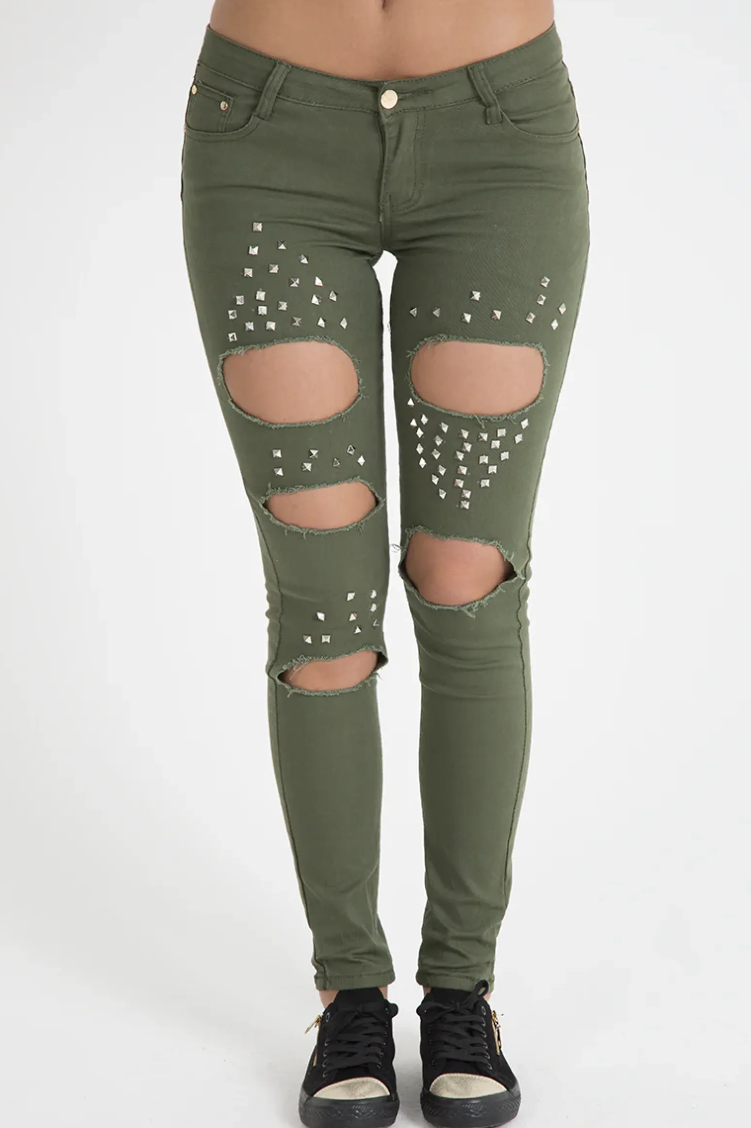 Rebellious Fashion Khaki Studded Ripped Jeans - Christina