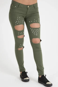 Rebellious Fashion Khaki Studded Ripped Jeans - Christina