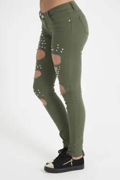 Rebellious Fashion Khaki Studded Ripped Jeans - Christina
