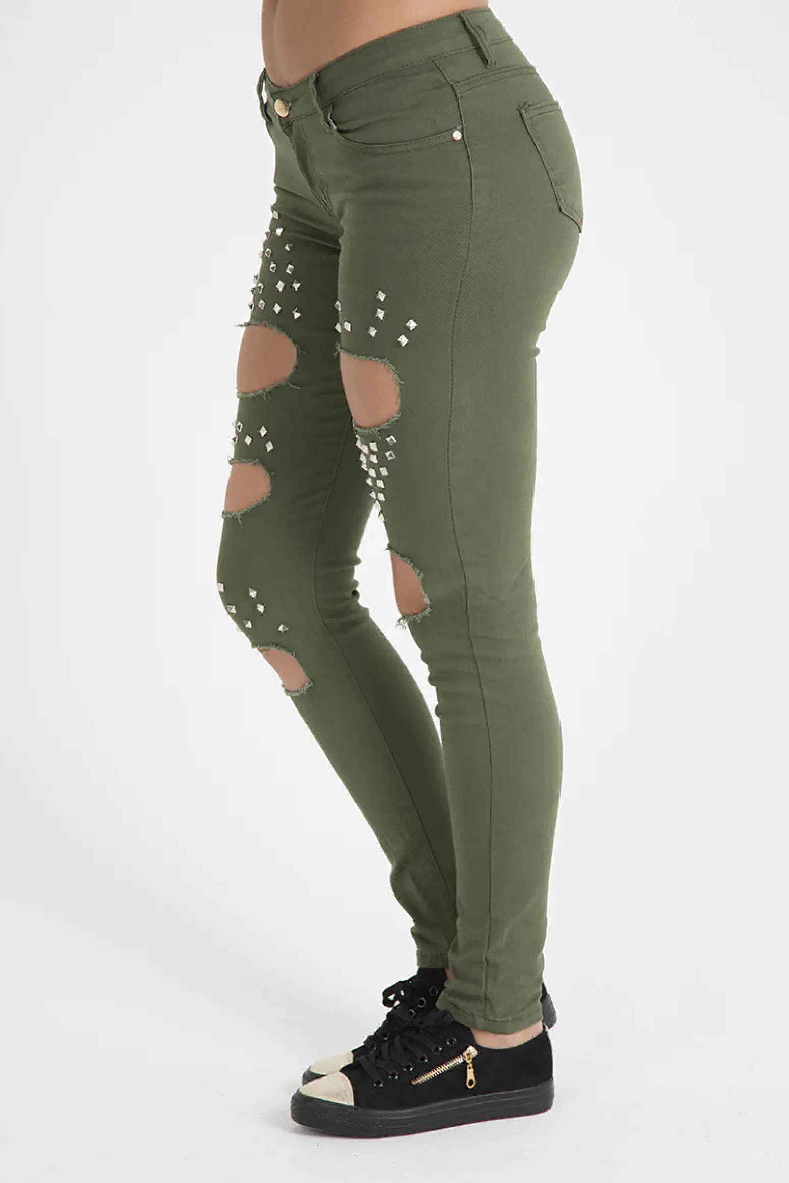 Rebellious Fashion Khaki Studded Ripped Jeans - Christina