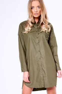 Rebellious Fashion Khaki Stud Detail Oversized Shirt Dress - Ivona
