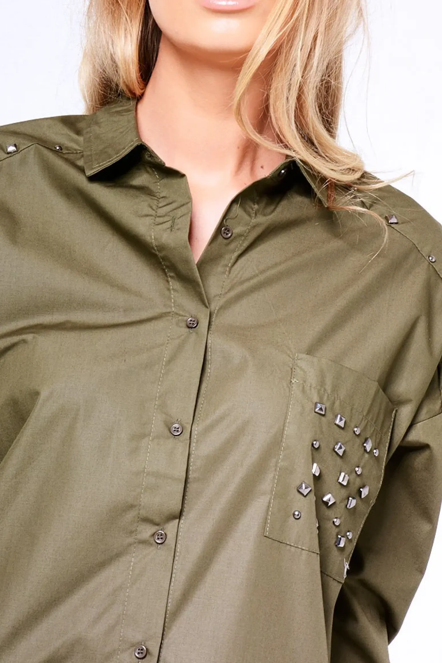 Rebellious Fashion Khaki Stud Detail Oversized Shirt Dress - Ivona