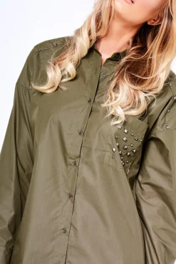 Rebellious Fashion Khaki Stud Detail Oversized Shirt Dress - Ivona