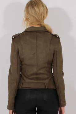 Rebellious Fashion Khaki Suede Belted Biker Jacket - Marcy