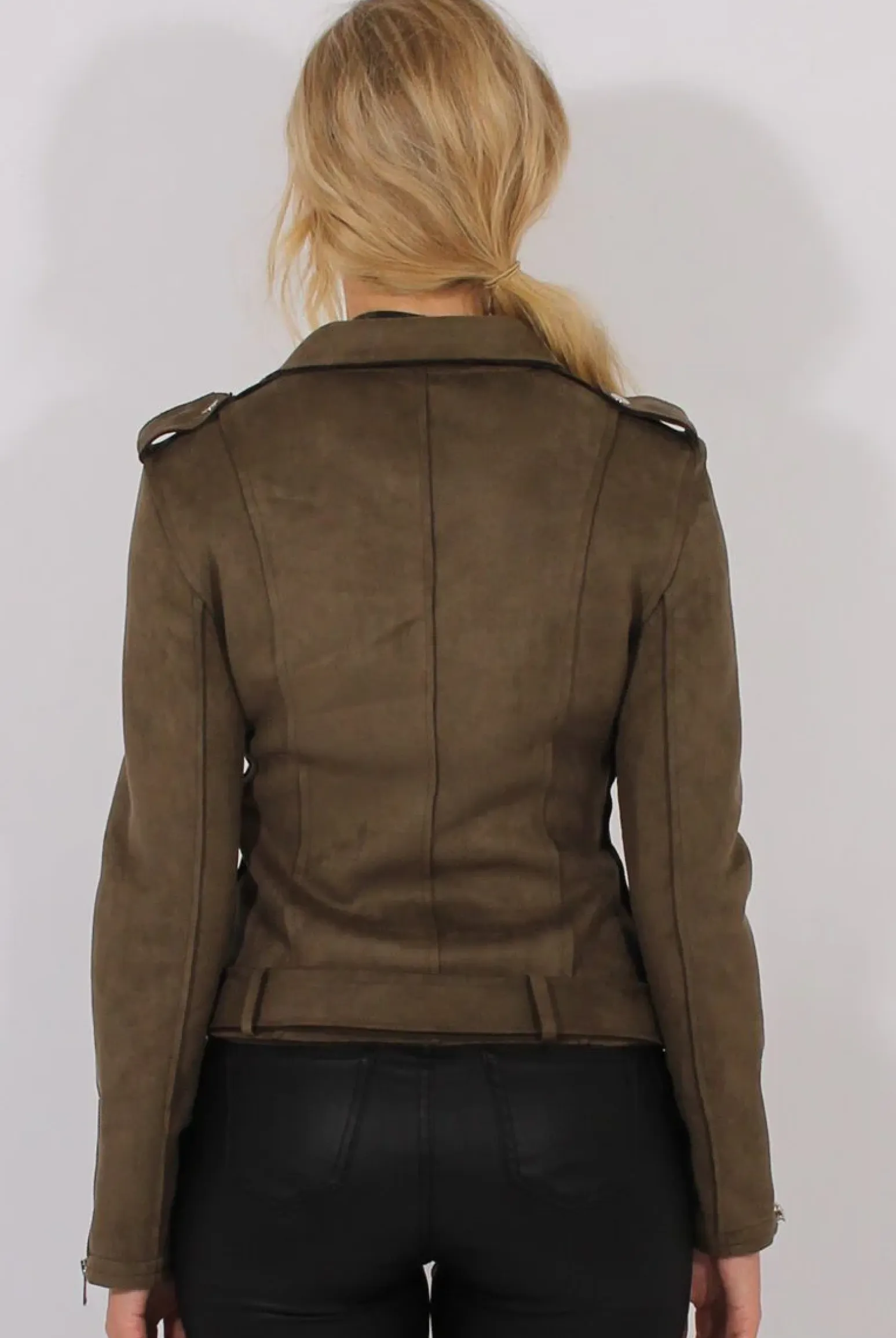 Rebellious Fashion Khaki Suede Belted Biker Jacket - Marcy