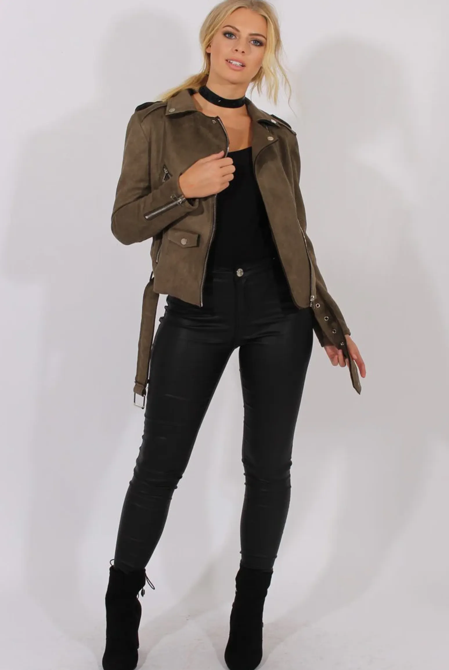 Rebellious Fashion Khaki Suede Belted Biker Jacket - Marcy