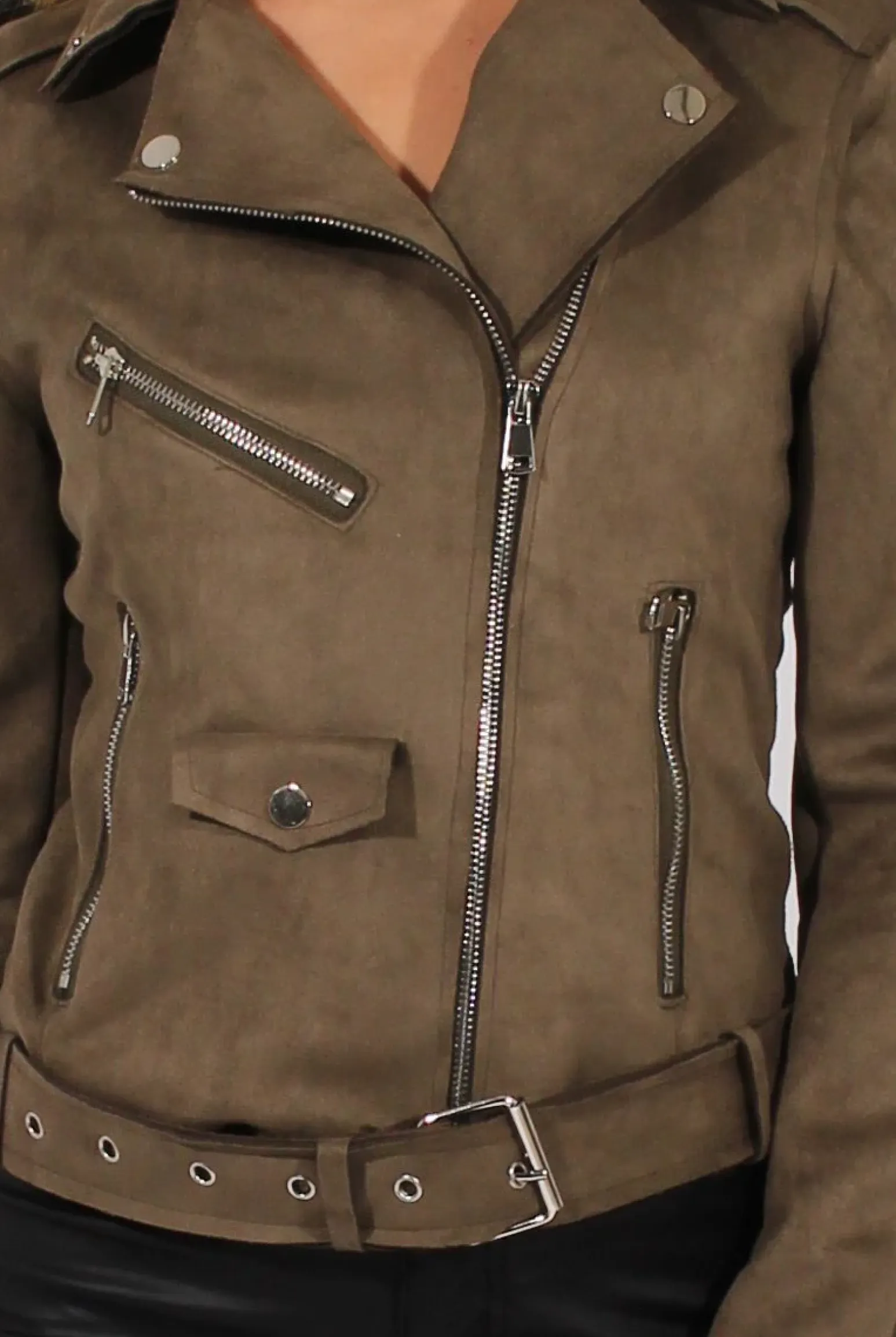 Rebellious Fashion Khaki Suede Belted Biker Jacket - Marcy