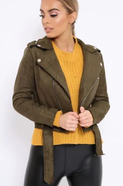 Rebellious Fashion Khaki Suede Biker Jacket - Anja